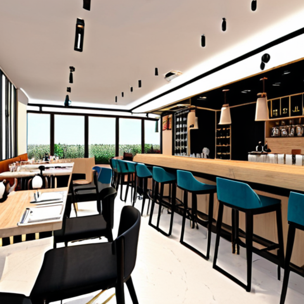 **Workspace Design Project**: "Create an image of a modern restaurant interior design featuring a stylish layout, harmonious color scheme, and decorative elements that reflect a contemporary theme. The atmosphere should be inviting and aesthetically pleasing."