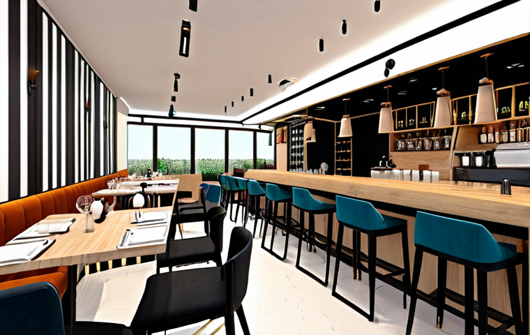 **Workspace Design Project**: "Create an image of a modern restaurant interior design featuring a stylish layout, harmonious color scheme, and decorative elements that reflect a contemporary theme. The atmosphere should be inviting and aesthetically pleasing."