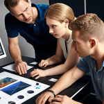 A diverse team of space designers collaborating on a project, emphasizing effective communication and teamwork. The image should convey a sense of synergy and problem-solving, with digital design software interfaces visible in the background, alongside physical material samples.